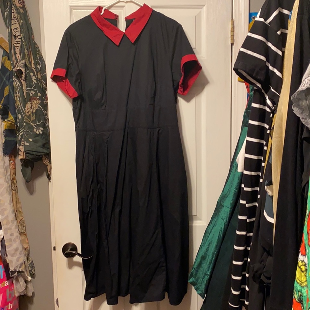 eShakti 22W black dress with red sleeve trim and Peter Pan collar
